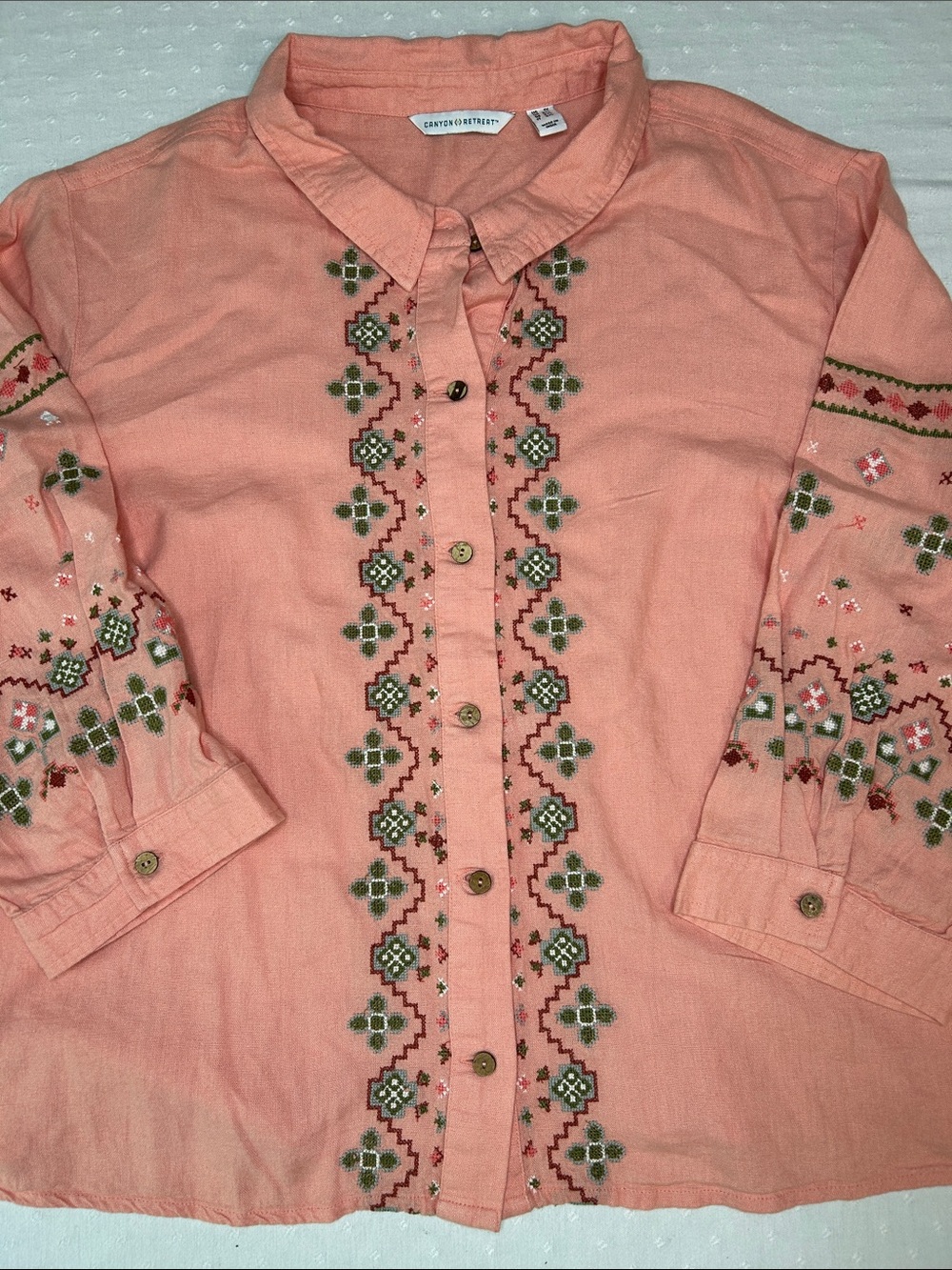 Coral Aztec geometric Embroidered lightweight Button‑Front Shirt